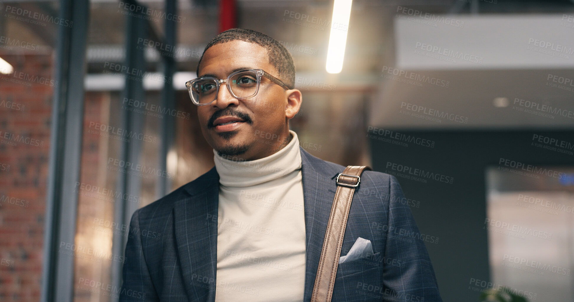 Buy stock photo Man, walk and thinking in office with arrival, real estate agent job and vision for housing market. Realtor, person and reflection in agency for property development, plan and beginning of work day.