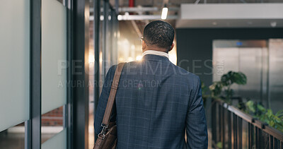 Buy stock photo Back, businessman and arrival at office with bag, real estate agent career and beginning of work day. Realtor, male person and walk in agency for property development meeting, employment or ambition.