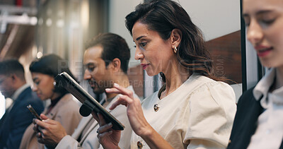 Buy stock photo Seminar, audience and woman with tablet for reading info, online notes and digital interaction. Event, crowd or mature person on tech at workshop for live poll software, survey response or networking