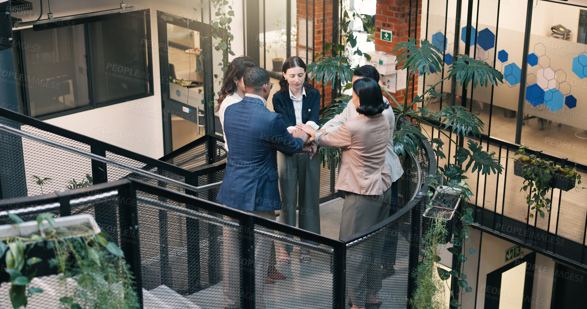 Buy stock photo Hands, stack and business people in green office for meeting, solidarity and synergy for goals. Stairs, team and men with women in huddle for support, mission or collaboration for sustainable company
