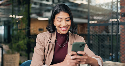 Buy stock photo Business, typing and happy woman with phone in office for social media, research or communication. Female person, employee or user with smile on smartphone for online chatting or texting in workplace