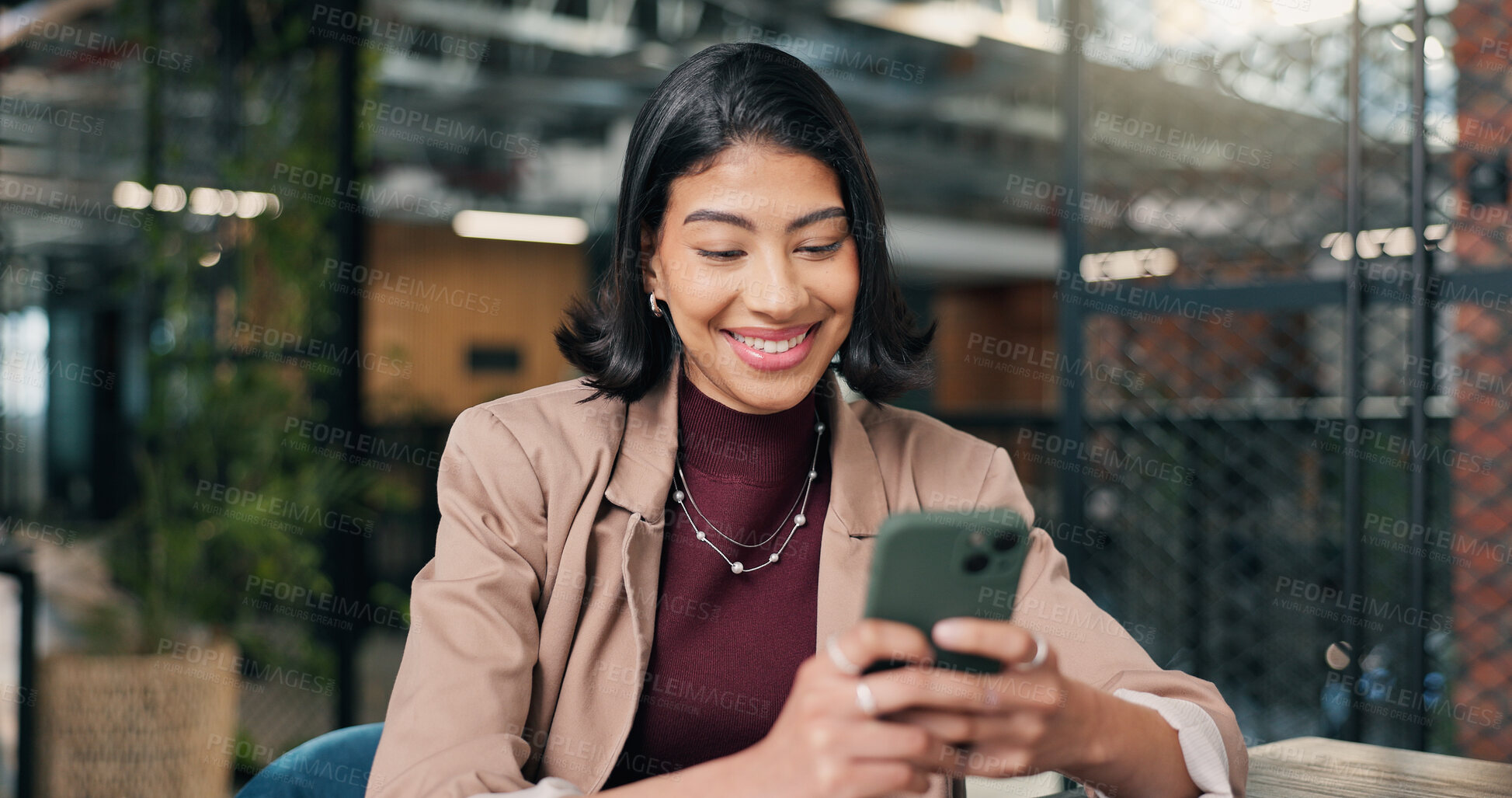 Buy stock photo Business, typing and happy woman with phone in office for social media, research or communication. Female person, employee or user with smile on smartphone for online chatting or texting in workplace