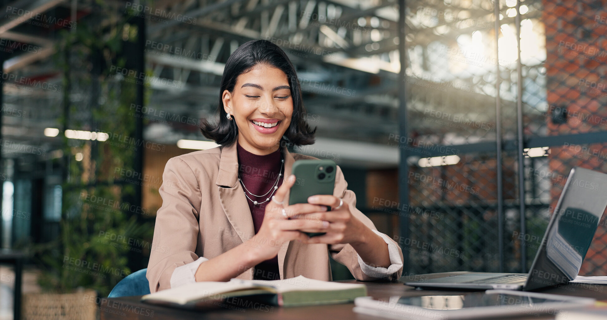 Buy stock photo Business, texting or happy woman with phone for social media, research or communication in office. Female person, employee or typing with smile for online chatting or network connection in workplace