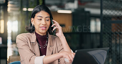 Buy stock photo Business, laptop and woman with phone call in office for discussion, online advice or help. Female person, employee or chat with computer or smartphone for communication or conversation in workplace