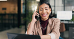 Business, laptop and woman with phone call for discussion, online advice or help in office. Female person, employee or chat with computer or smartphone for communication or conversation in workplace