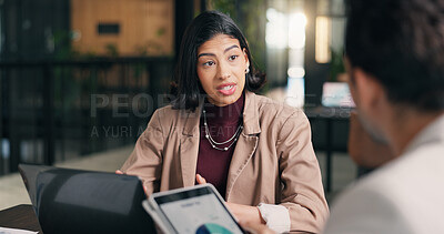 Buy stock photo Woman, business or meeting with discussion in office for performance review, statistics or data. Female person, employee or talking with colleague, laptop or tablet for project conversation or report
