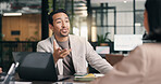 Happy, businessman or meeting with laptop for project discussion or planning together in office. Man, employee or conversation with group, colleagues or team on computer for company proposal or ideas