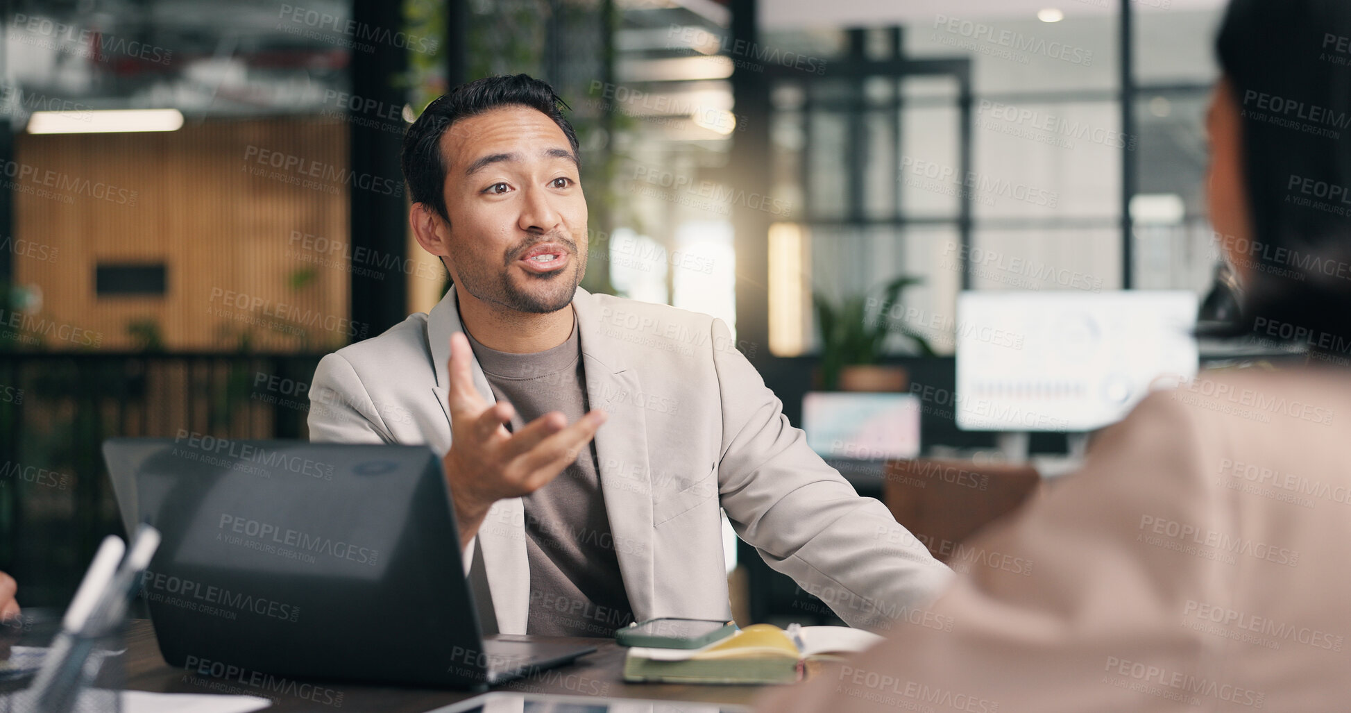 Buy stock photo Happy, businessman or meeting with laptop for project discussion or planning together in office. Man, employee or conversation with group, colleagues or team on computer for company proposal or ideas