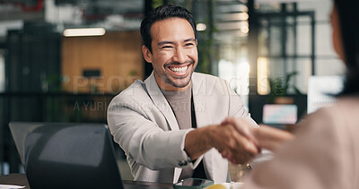 Buy stock photo Creative, businessman and handshake with client in meeting, publicist and agreement for pr campaign. Public relations, collaboration and shaking hands with press agent, happy people and achievement