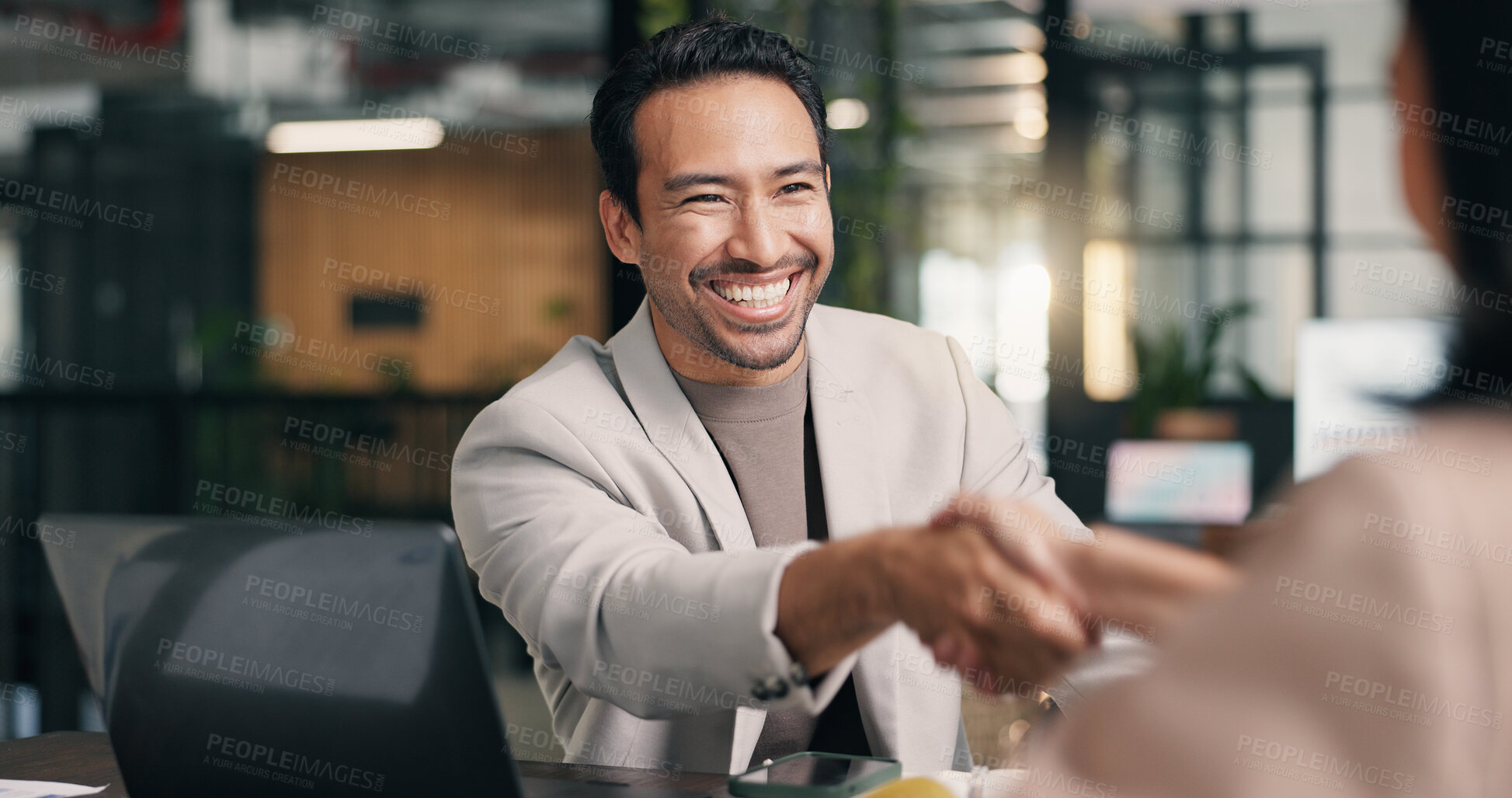 Buy stock photo Creative, businessman and handshake with client in meeting, publicist and agreement for pr campaign. Public relations, collaboration and shaking hands with press agent, happy people and achievement