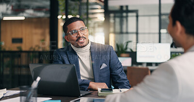 Buy stock photo Happy, businessman or discussion with laptop for project proposal or planning together in office. Man, employee or conversation with smile or colleague on computer for company agenda, tasks or ideas