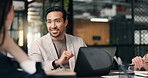 Happy, businessman or meeting with laptop in office for project discussion or planning together. Man, employee or conversation with group, colleagues or team on computer for company proposal or ideas