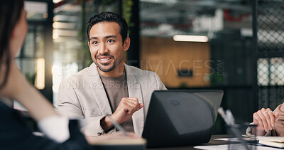 Buy stock photo Happy, businessman or meeting with laptop in office for project discussion or planning together. Man, employee or conversation with group, colleagues or team on computer for company proposal or ideas