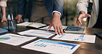 Documents, hands and business people with tablet, chart and research for financial review in meeting. Office, team and workers with tech, paperwork and analysis for finance report, growth and profit