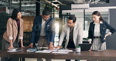Buy stock photo Meeting, documents and team of business people in office for planning, sales report and growth. Talking, startup and workers with paperwork for marketing, data analysis and research for advertising