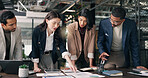 Meeting, documents and team of business people with graph for planning, sales report and growth. Talking, startup and workers with paperwork for marketing, data analysis and research for advertising