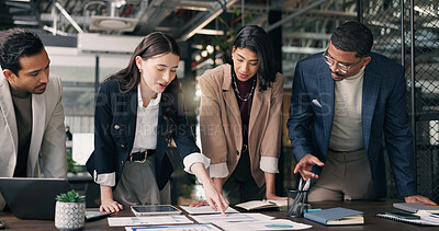 Buy stock photo Meeting, documents and team of business people with graph for planning, sales report and growth. Talking, startup and workers with paperwork for marketing, data analysis and research for advertising