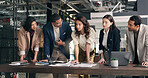 Meeting, creative and team of people with documents for planning, sales report and growth. Talking, office and workers with paperwork for marketing, data analysis and research at advertising agency