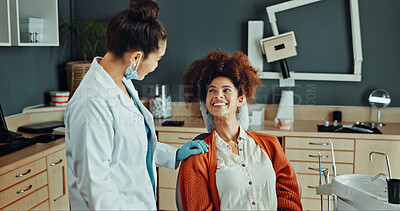 Buy stock photo Women, support and dentist with patient in clinic, helping and explaining procedure or consultation. Oral hygiene, checkup and happy person with medical professional, health and wellness in office