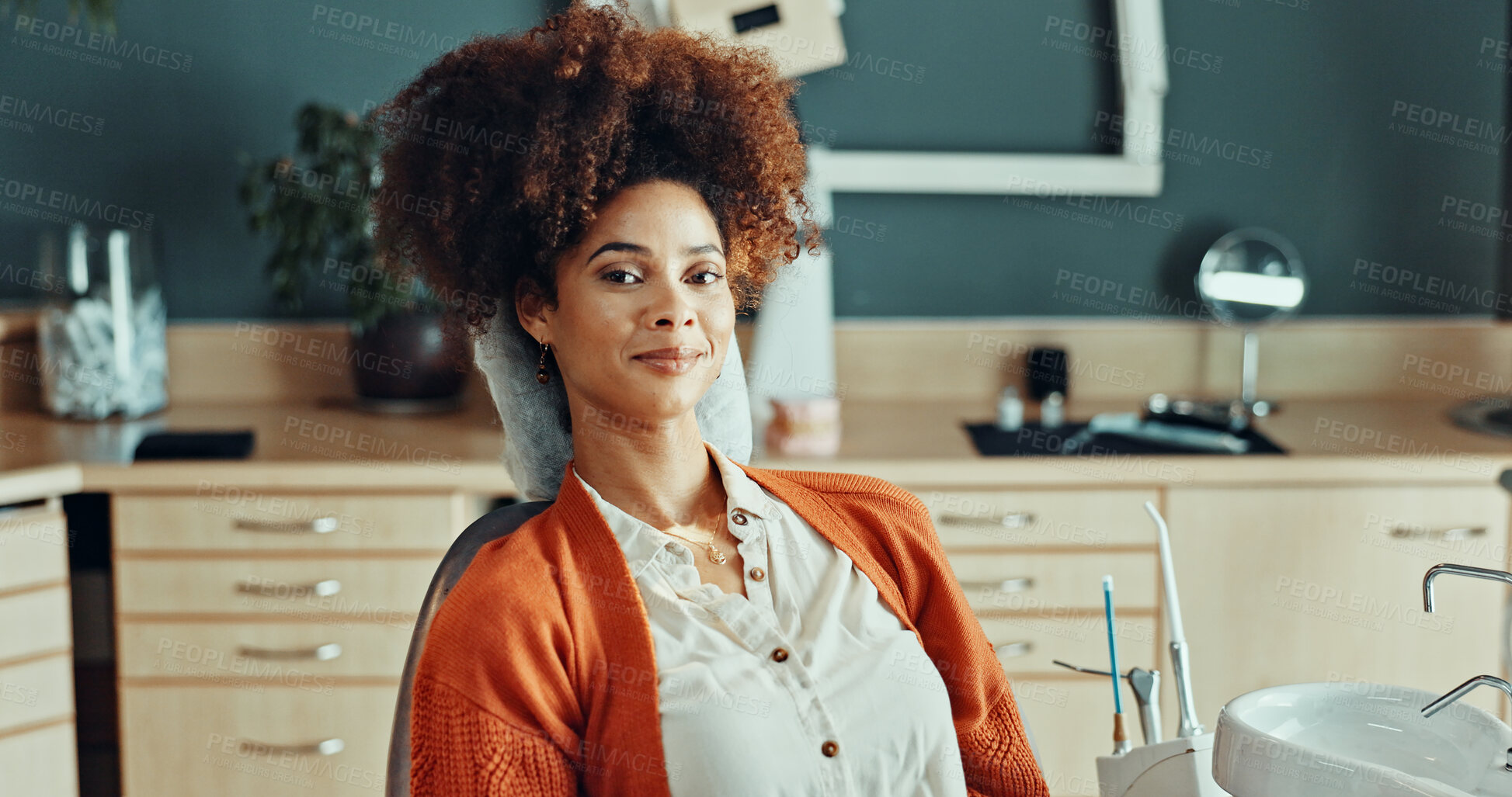 Buy stock photo Portrait, woman and chair at dentist clinic for checkup, dental care and teeth whitening for hygiene. Smile, person and patient in office for consultation, oral services and cleaning for fresh breath