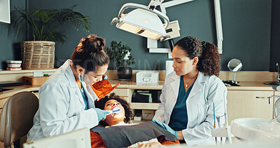 Buy stock photo Dentist, operation and teamwork in office with patient for dental surgery or tooth extraction. Assistance, healthcare and procedure with people in dentistry practice for checkup or oral care