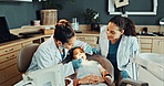 Assistant, tools and dentist with child in clinic for teeth cleaning, assessment or checkup. Oral hygiene, consultation and orthodontic team with girl kid for tooth extraction for dental health.