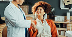 Happy, handshake and dentist with woman in clinic for consultation, teeth cleaning or dental care. Oral health, shaking hands and orthodontist with patient for agreement on tooth extraction in office