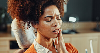 Buy stock photo Woman, patient and toothache in clinic for dental surgery, extraction appointment or treatment. Discomfort, female person or sore gum with dentist, mouth or teeth for gingivitis, cavity or decay