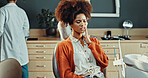Woman, dentist and tooth pain in clinic for dental surgery, extraction appointment or treatment. Discomfort, female person or client with sore gum, mouth or toothache for gingivitis, cavity or decay