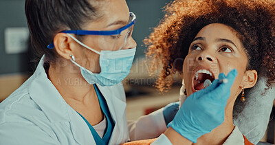 Buy stock photo Teeth, exam and dentist with tool in clinic, oral hygiene and gum evaluation for patient and health. Mouth, inspection and medical professional with dental mirror, consultation and checkup for woman