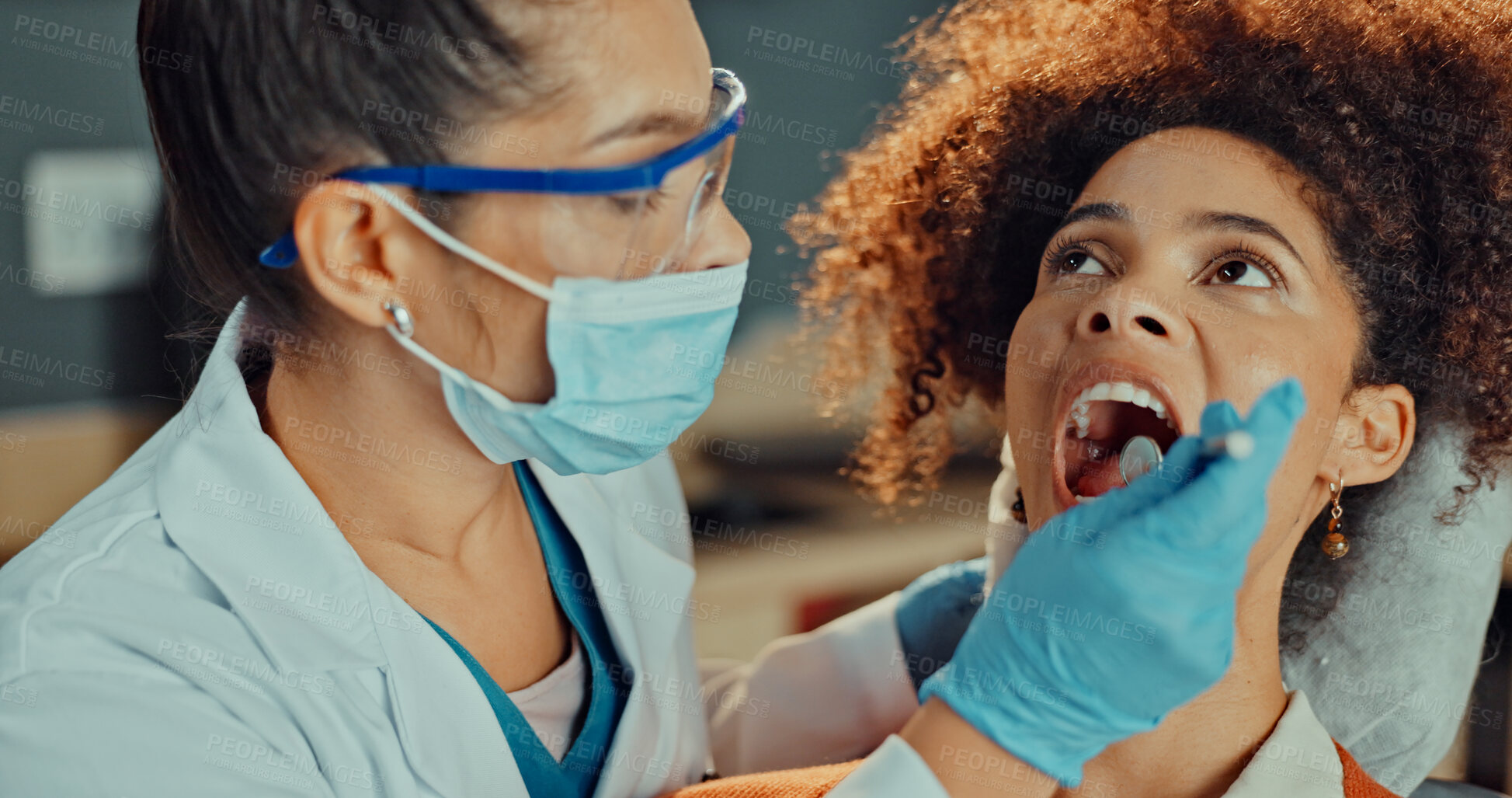 Buy stock photo Teeth, exam and dentist with tool in clinic, oral hygiene and gum evaluation for patient and health. Mouth, inspection and medical professional with dental mirror, consultation and checkup for woman