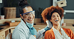 Happy, portrait and dentist with woman in clinic for consultation, teeth cleaning or dental care. Oral health, goggles and orthodontist with patient for tooth extraction at checkup in medical office.