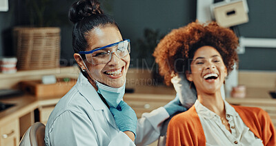 Buy stock photo Happy, portrait and dentist with woman in clinic for consultation, teeth cleaning or dental care. Oral health, goggles and orthodontist with patient for tooth extraction at checkup in medical office.