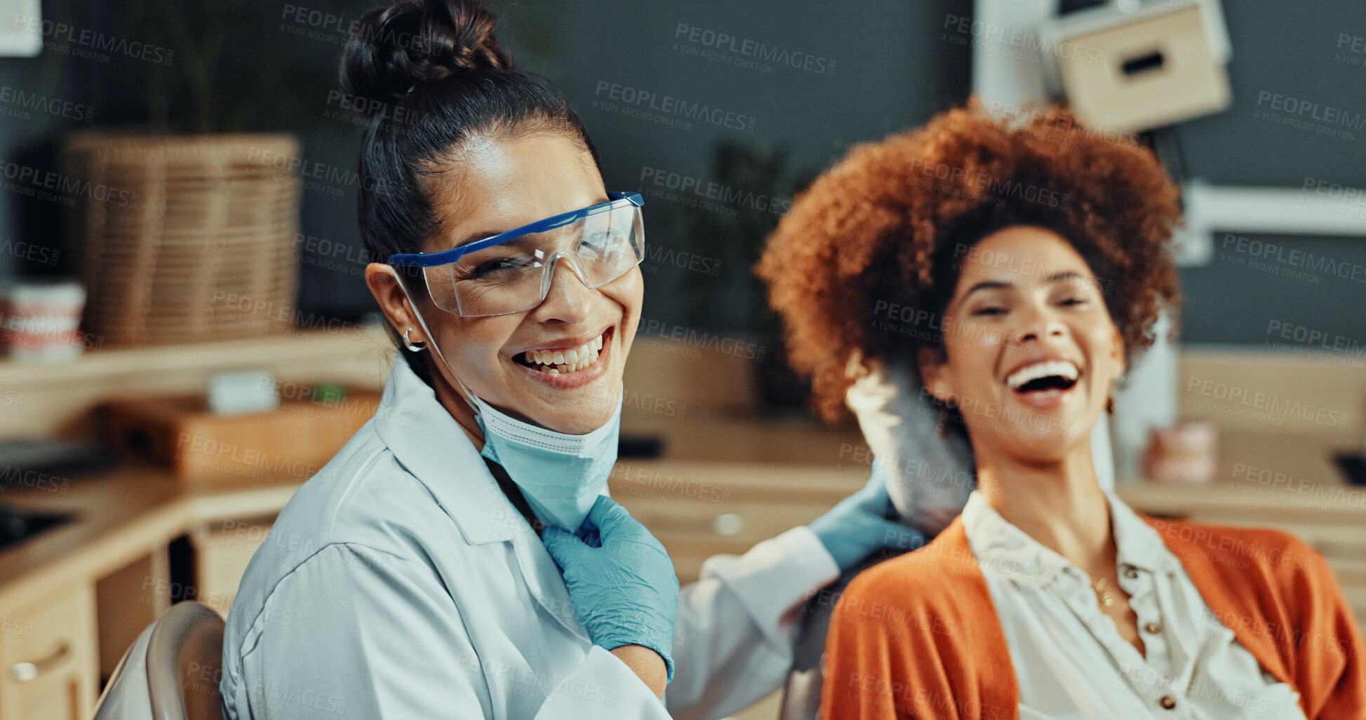 Buy stock photo Happy, portrait and dentist with woman in clinic for consultation, teeth cleaning or dental care. Oral health, goggles and orthodontist with patient for tooth extraction at checkup in medical office.