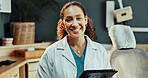 Tablet, woman and portrait of dentist in clinic with research for dental care, treatment or oral hygiene tips. Technology, smile and orthodontist on app for medical information or healthcare schedule