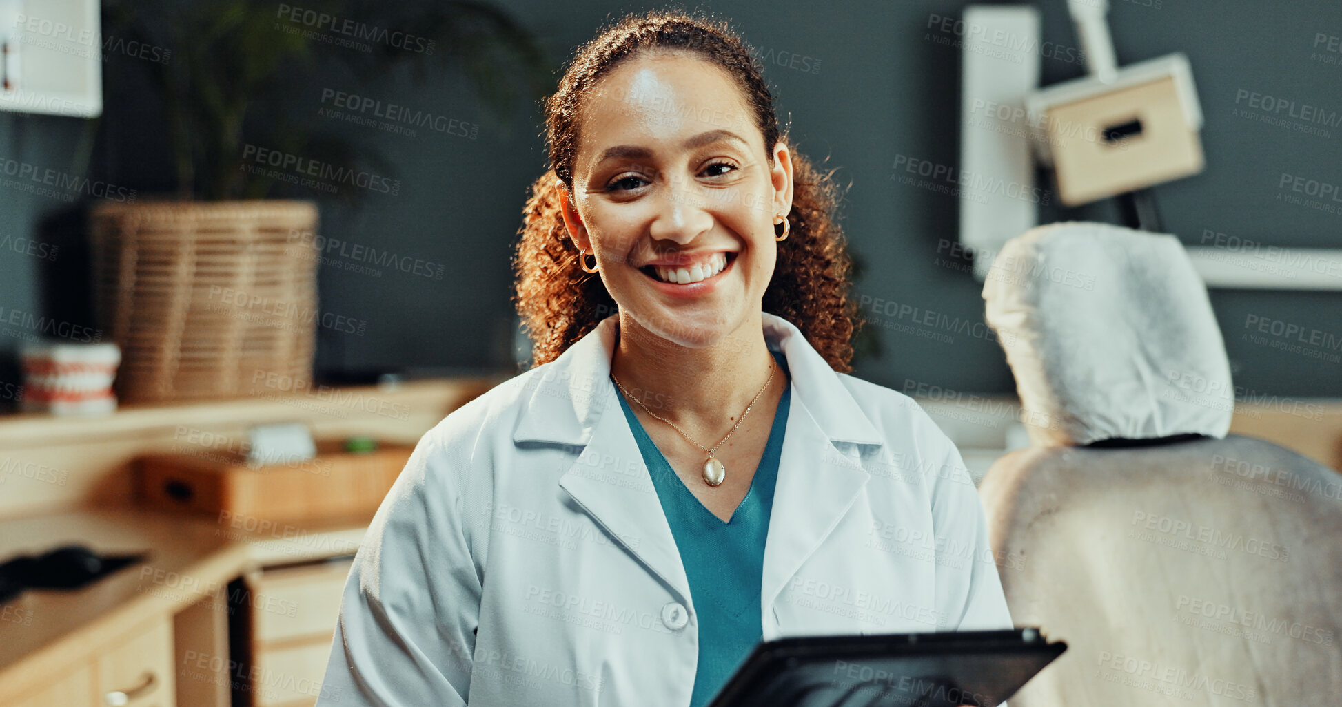 Buy stock photo Tablet, woman and portrait of dentist in clinic with research for dental care, treatment or oral hygiene tips. Technology, smile and orthodontist on app for medical information or healthcare schedule