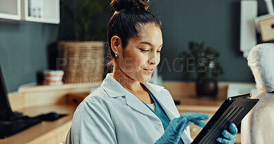 Buy stock photo Tablet, woman and dentist in clinic with research for dental care, treatment or oral hygiene tips. Digital technology, smile and orthodontist on app for medical information or healthcare schedule.