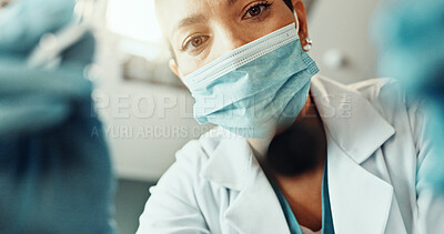 Buy stock photo Portrait, woman and dentist at clinic with face mask, dental exam and surgery for tooth extraction. Pov, person and ppe with tools for dentistry, oral checkup and periodontal treatment for root canal