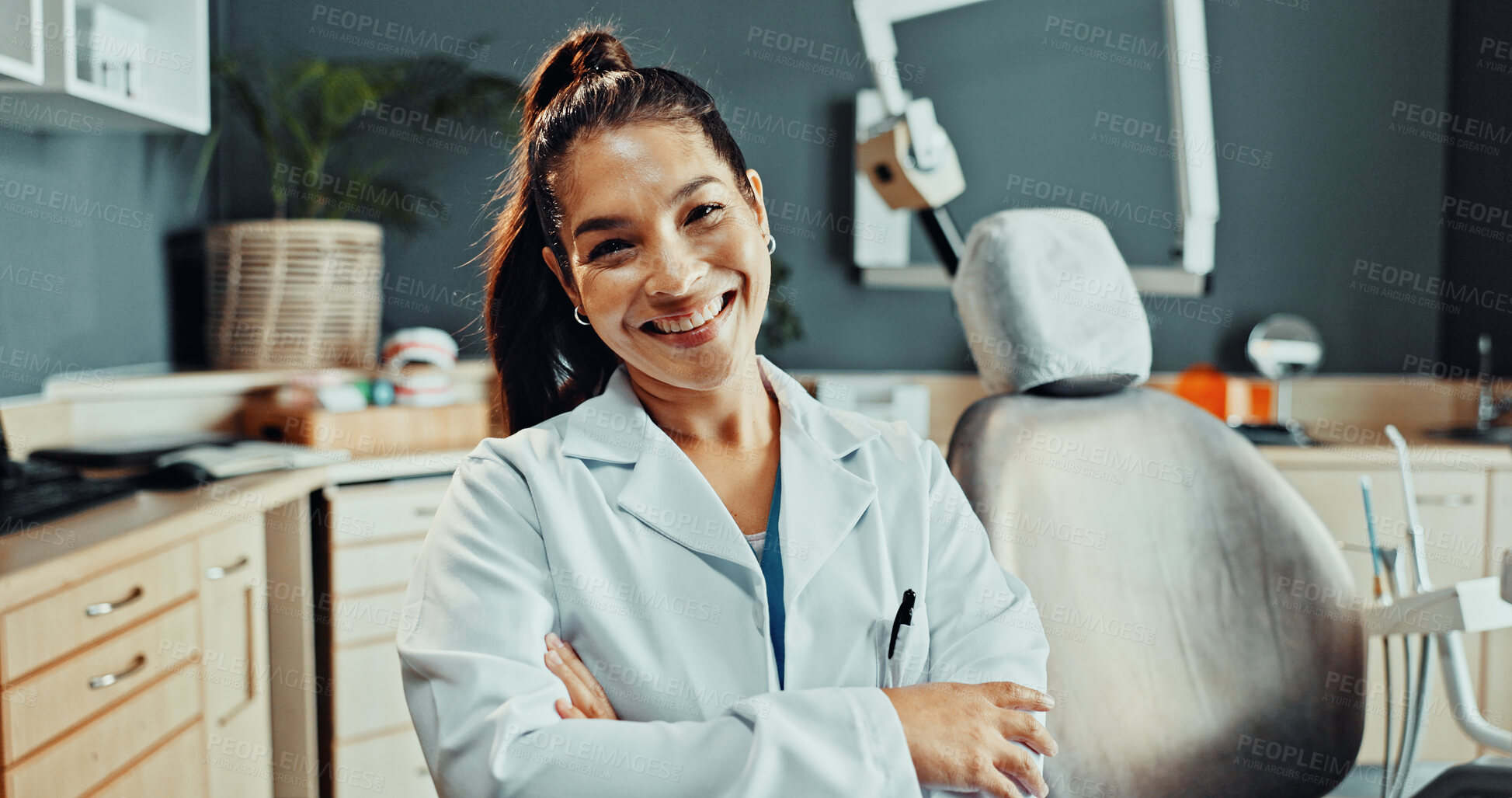 Buy stock photo Dentist, portrait and happy woman with confidence in clinic for dental healthcare or service. Female person, orthodontist or tooth doctor with smile or arms crossed for medical help or dentistry