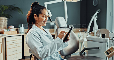 Buy stock photo Tablet, woman and orthodontist in clinic with research for dental care, treatment or oral hygiene tips. Digital technology, smile and dentist on app for medical information or healthcare schedule.
