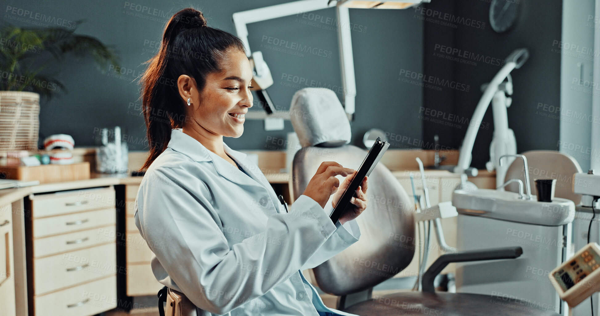 Buy stock photo Tablet, woman and orthodontist in clinic with research for dental care, treatment or oral hygiene tips. Digital technology, smile and dentist on app for medical information or healthcare schedule.