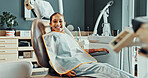 Girl, portrait and dentist with smile in clinic for dental appointment, oral hygiene or healthcare. Happy, child or kid with confidence on chair for teeth whitening, cleaning or medical treatment