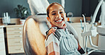 Portrait, patient or happy girl with teeth for dental hygiene, cleaning or oral treatment in clinic. Child, kid or smile with tooth whitening for gum care, dentist appointment or checkup in surgery