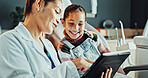 Dentist, patient or happy girl with tablet in clinic for dental hygiene, results or oral treatment. Woman, orthodontist or child with smile or technology for gum care, oral appointment or checkup