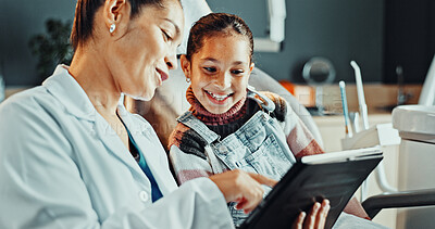 Buy stock photo Dentist, patient or happy girl with tablet in clinic for dental hygiene, results or oral treatment. Woman, orthodontist or child with smile or technology for gum care, teeth appointment or checkup