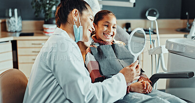 Buy stock photo Mirror, dentist and kid in clinic for teeth cleaning, service or oral hygiene for wellness. Happy, orthodontist and girl child with consultation for braces, dental care or gum health in office.