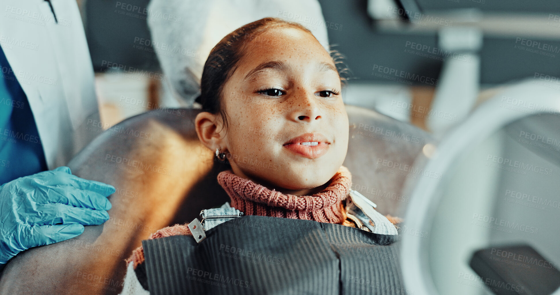 Buy stock photo Dentist, child and checkup at clinic with mirror, dental exam and results of teeth whitening. Hands, person and patient with inspection for dentistry, oral hygiene and cleaning mouth for fresh breath
