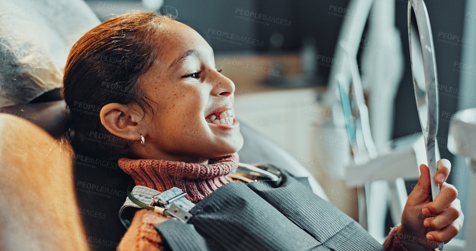 Buy stock photo Mirror, dentistry and child patient in clinic for teeth cleaning, service or oral hygiene for wellness. Happy, orthodontist and girl kid with consultation for braces, dental care or gum health.