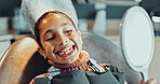 Mirror, dentistry and child in clinic for teeth cleaning, service or oral hygiene for wellness. Happy, orthodontist and girl kid with consultation for braces, dental care or gum health in office.