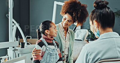 Buy stock photo Dental, mother or girl in clinic with consultation, childcare or parent support for oral wellness. Checkup, happy mom or kid with dentist, family encouragement or youth dentistry in child development